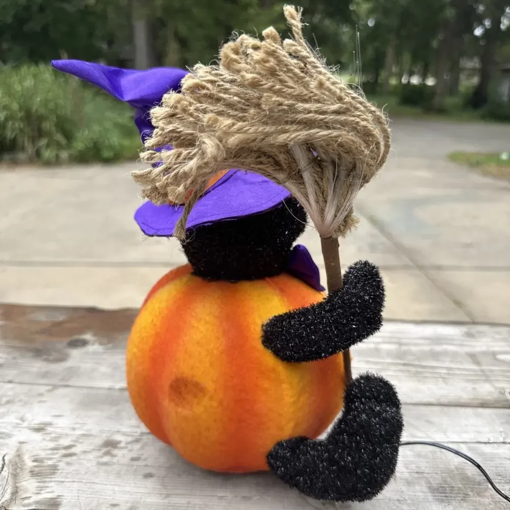 Vtg Fiber Optic Wizard Witch Black Cat Hat Jack ‘O Lantern Lighted 12” Halloween